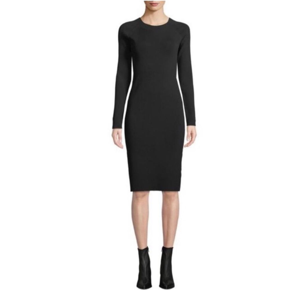 Vince Black Long Sleeve Crew Neck Pullover Ribbed Bodycon Dress Size Large